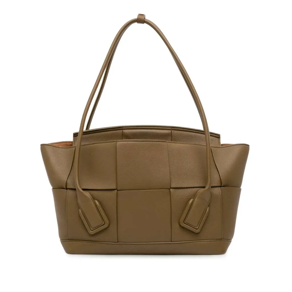 Bottega Veneta Medium Grained Calfskin Maxi Intrecciato Arco Bag Brown Leather Good - Front View