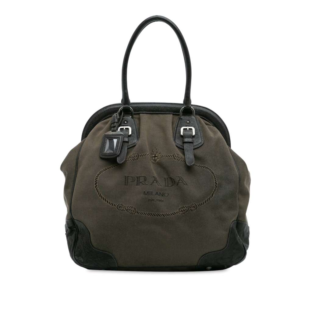 Prada Leather Trimmed Canvas Canapa Logo Frame Tote