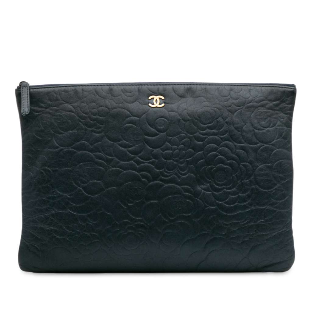 Chanel Large CC Embossed Lambskin Camellia O Case Clutch