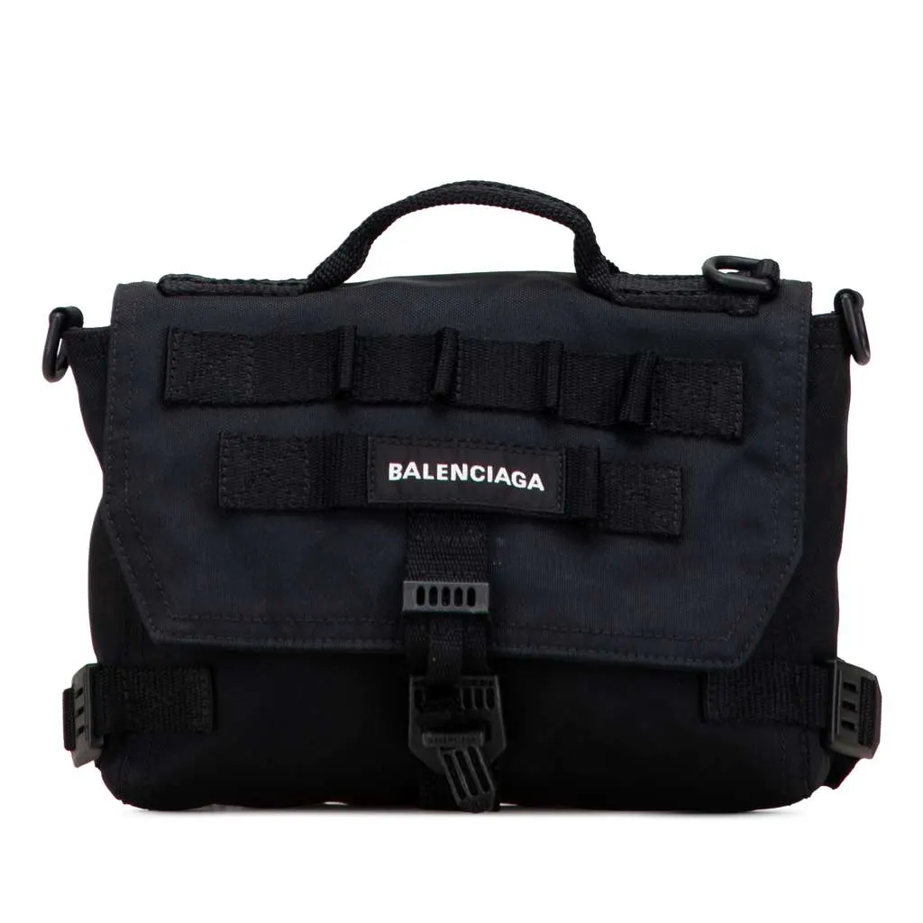 Balenciaga Small Recycled Nylon Army Messenger Bag Black Polyester Good - Front View