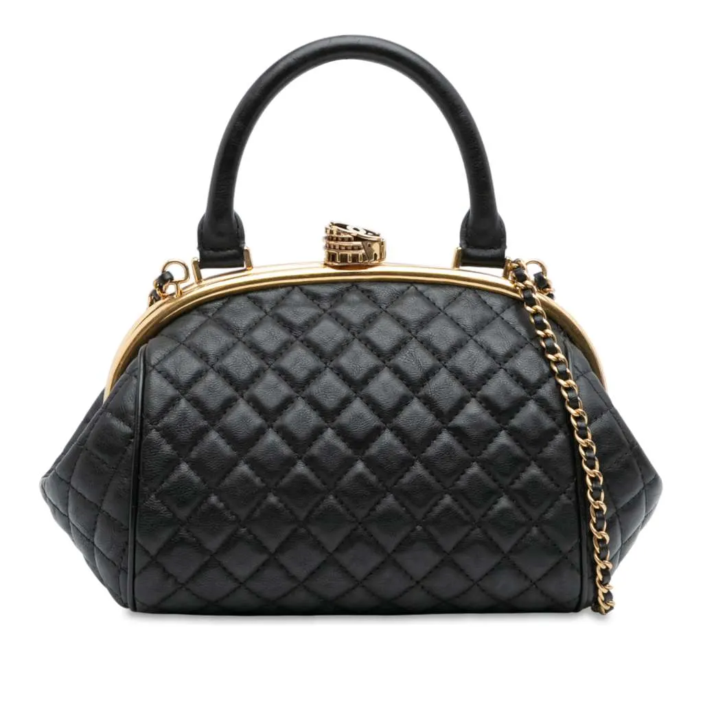 Chanel Paris Rome Quilted Calfskin Colosseum Lock Frame Bowling Bag Black Leather Good - Front View