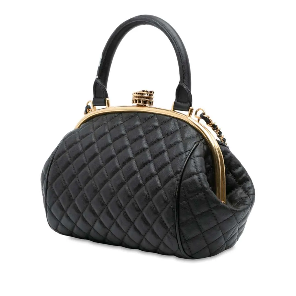 Chanel Paris Rome Quilted Calfskin Colosseum Lock Frame Bowling Bag Black Leather Good - Back View