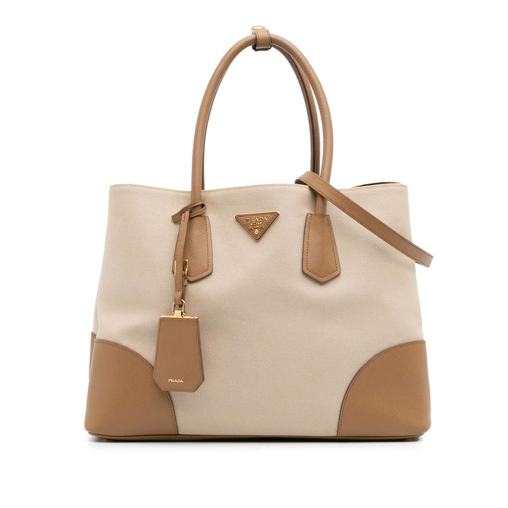 Prada Large Saffiano Trimmed Canapa Double Satchel