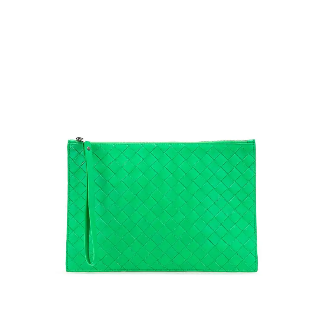 Bottega Veneta Intrecciato Leather Clutch Green Leather Good - Front View
