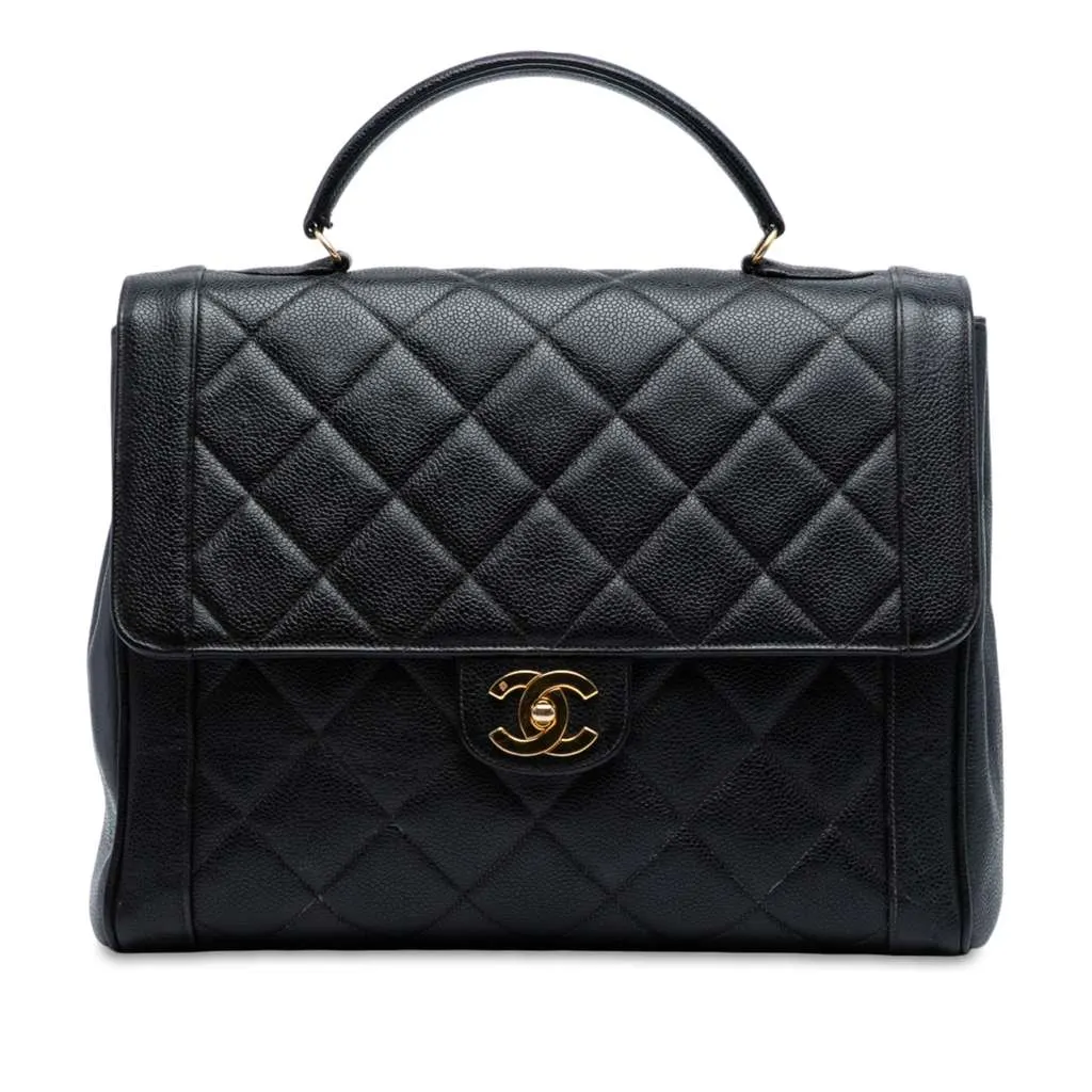 Chanel Jumbo CC Quilted Caviar Kelly Top Handle Bag Black Leather Good - Front View