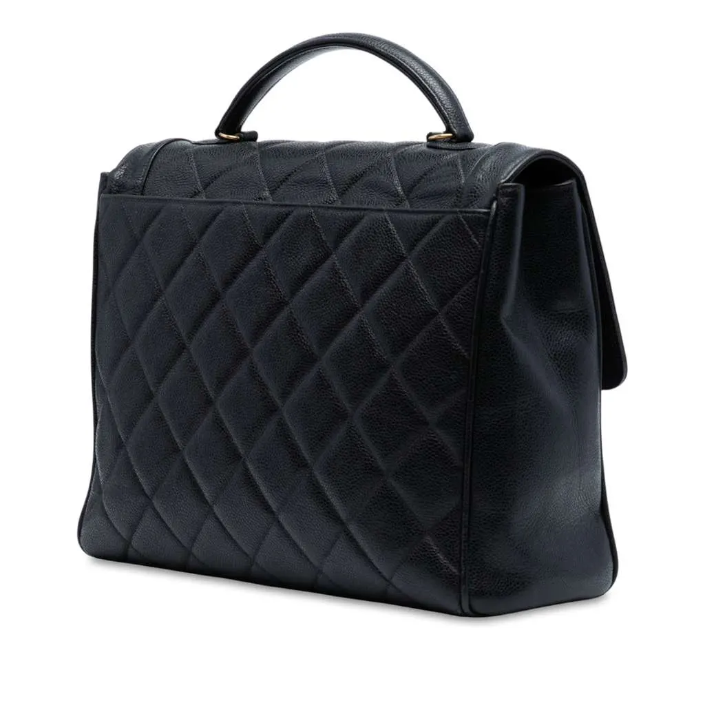 Chanel Jumbo CC Quilted Caviar Kelly Top Handle Bag Black Leather Good - Back View