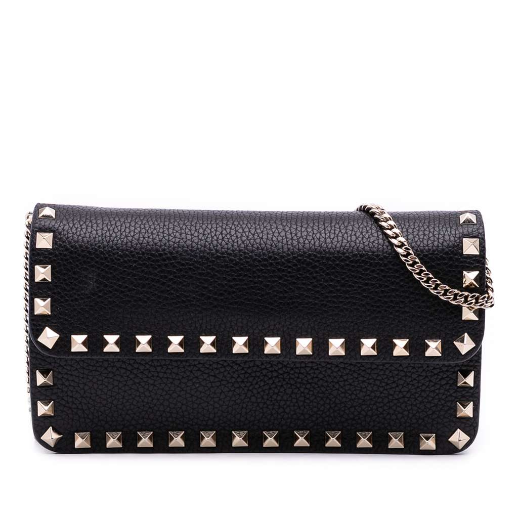 Valentino Pebbled Calfskin Rockstud Wallet On Chain