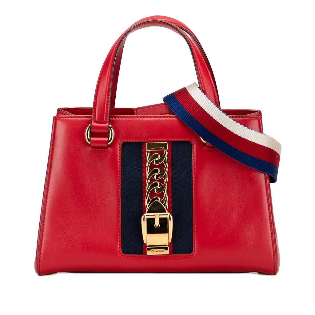 Gucci Leather Sylvie Web Top Handle Satchel Red Leather Good - Front View