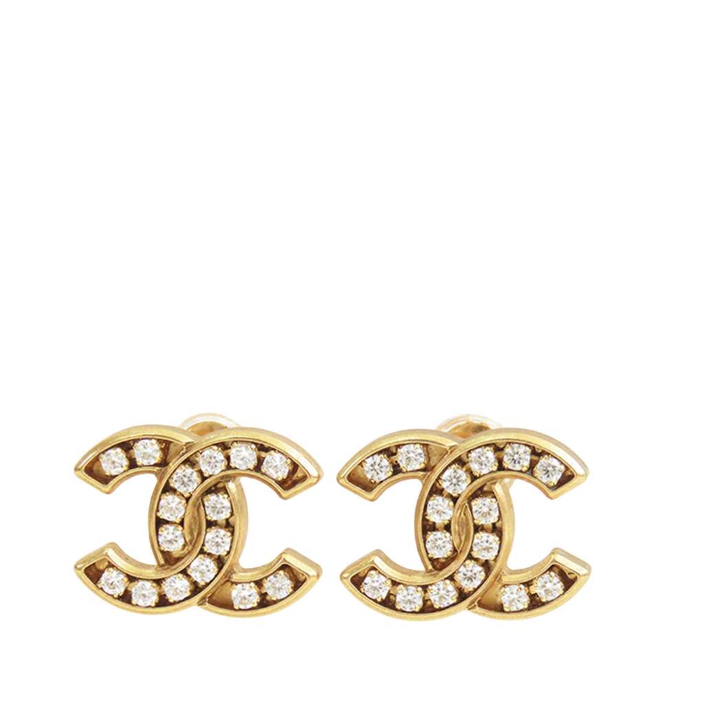 Chanel Gold Plated CC Crystal Push Back Earrings