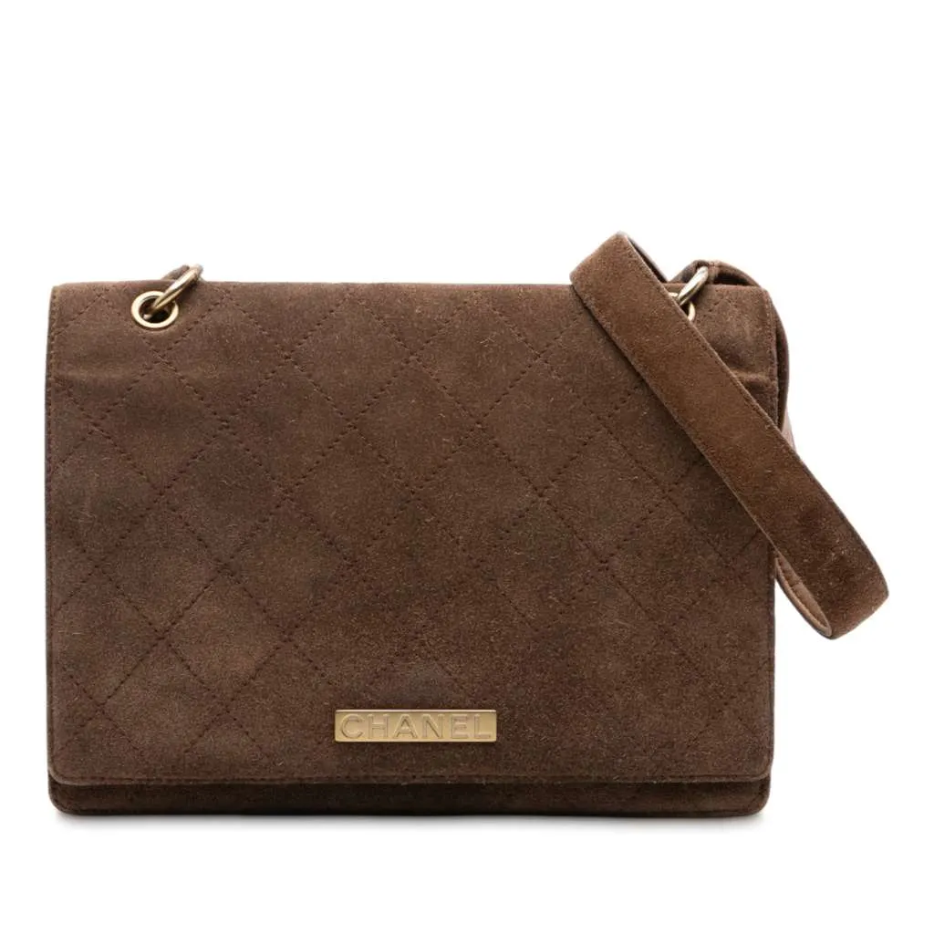 Chanel Quilted Suede Flap Crossbody Brown Leather Good - Front View