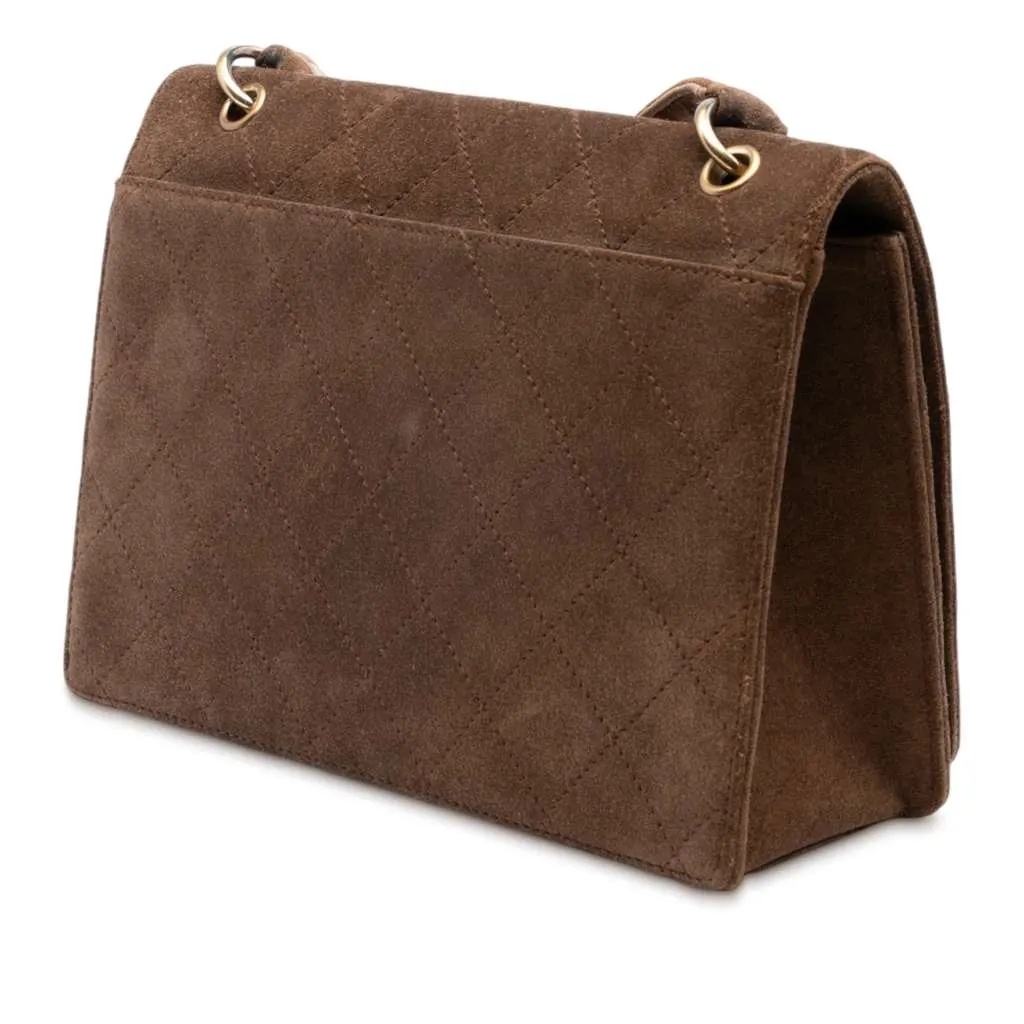 Chanel Quilted Suede Flap Crossbody Brown Leather Good - Back View