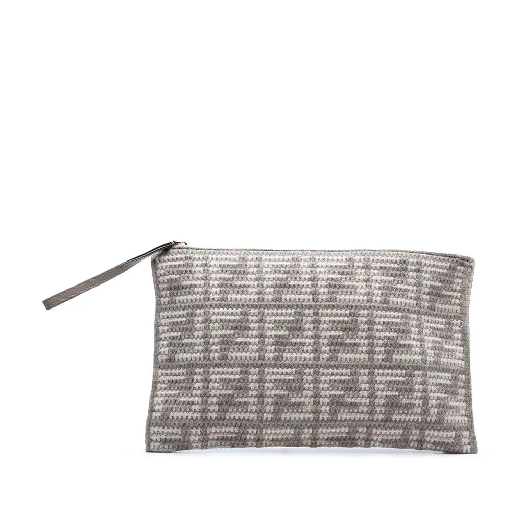 Fendi Large Woven Fabric and Calfskin FF Flat Pouch Grey Wool Very good - Front View