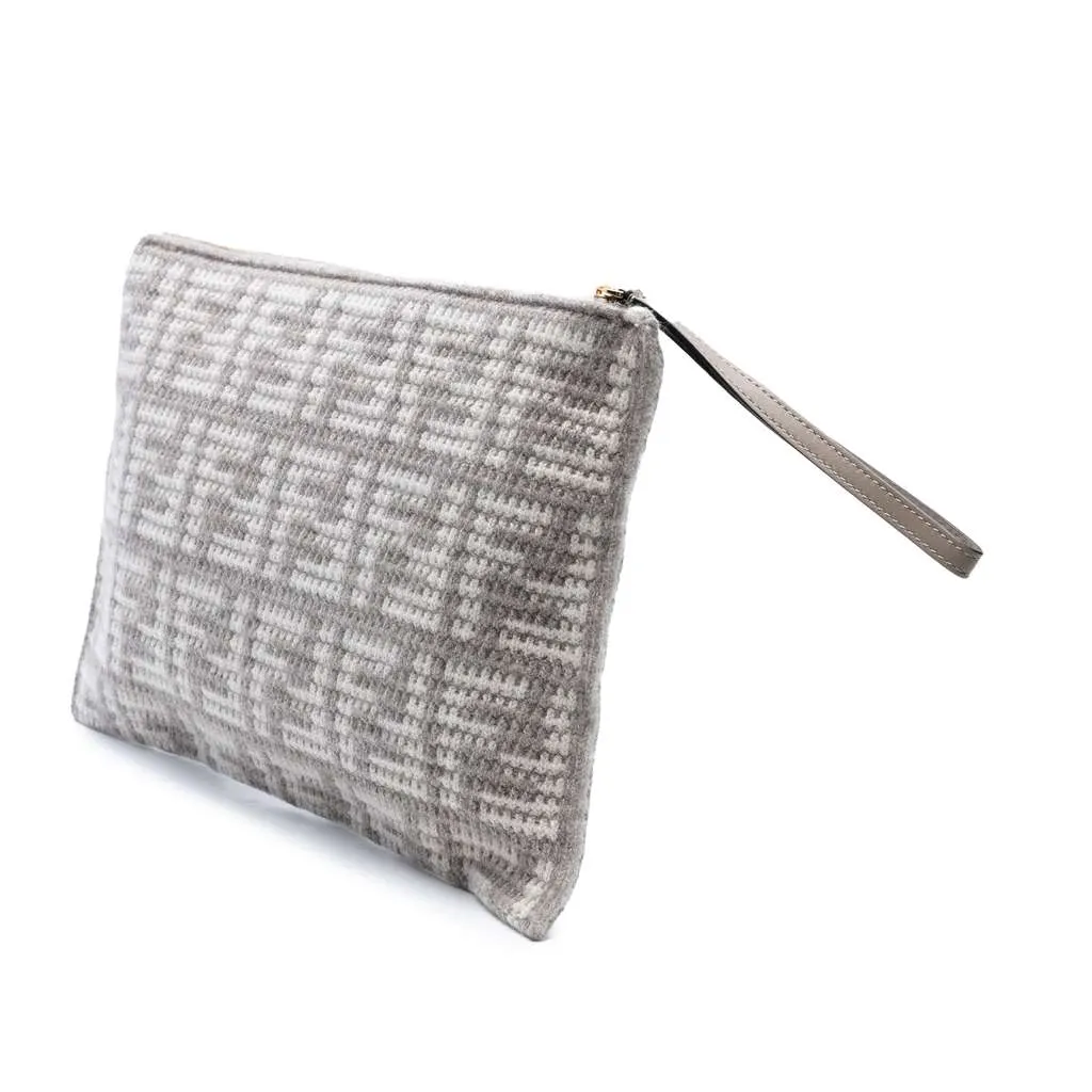 Fendi Large Woven Fabric and Calfskin FF Flat Pouch Grey Wool Very good - Back View