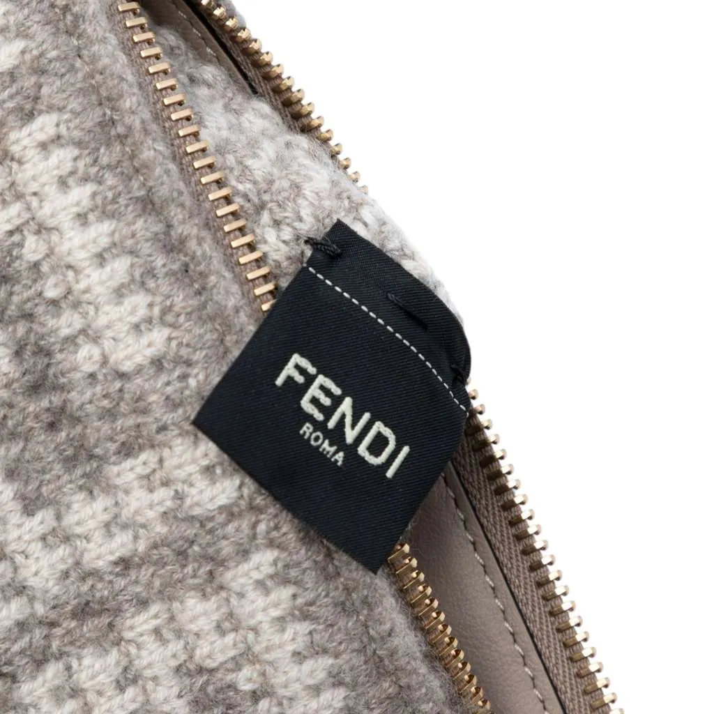 Fendi Large Woven Fabric and Calfskin FF Flat Pouch Grey Wool Very good - Box View