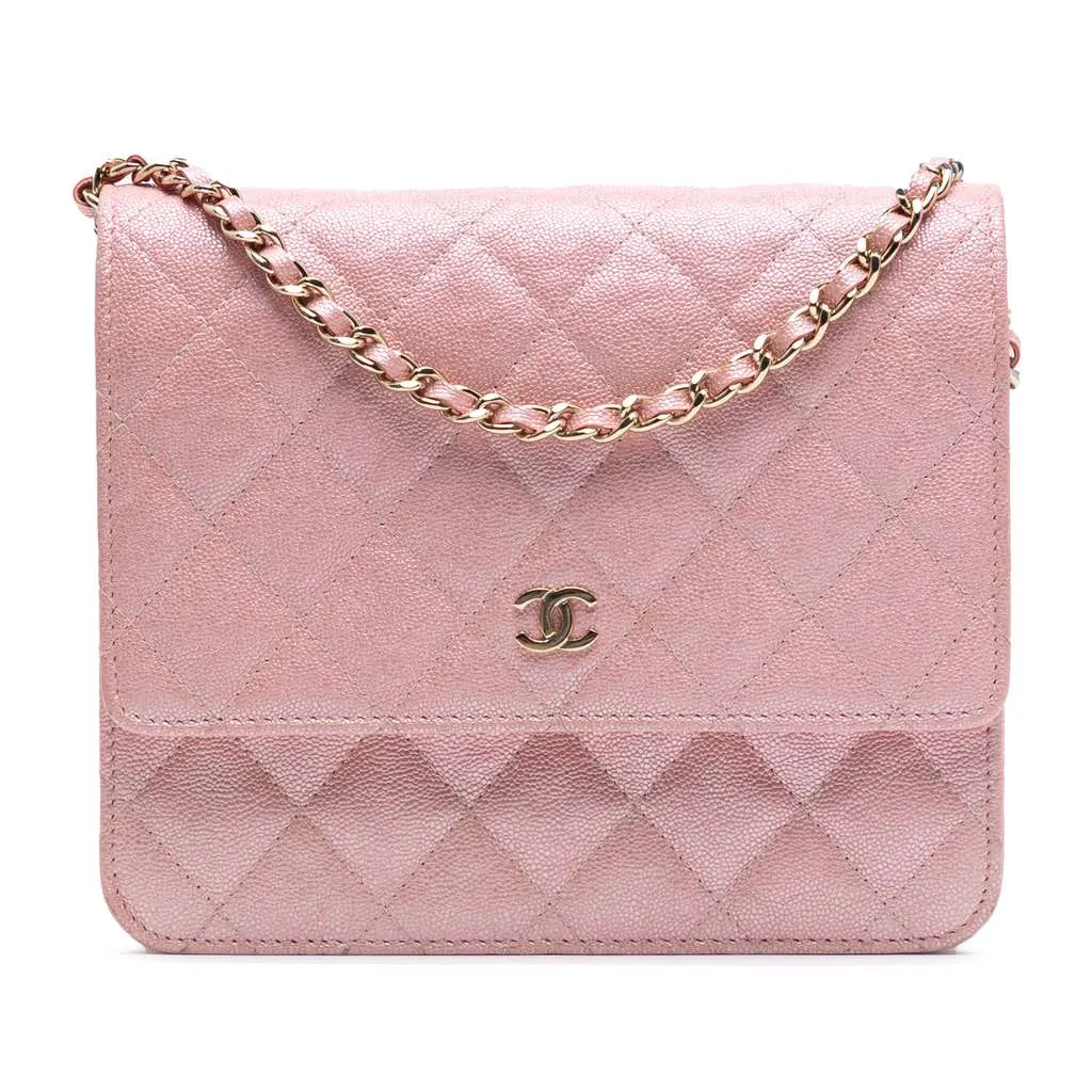 Chanel CC Quilted Iridescent Caviar Wallet on Chain Pink Leather Good - Front View