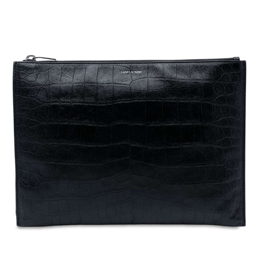 Saint Laurent Crocodile Embossed Leather Zipped Tablet Holder