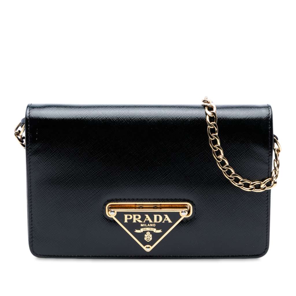 Prada Saffiano Vernice Flip Lock Wallet on Chain Clutch