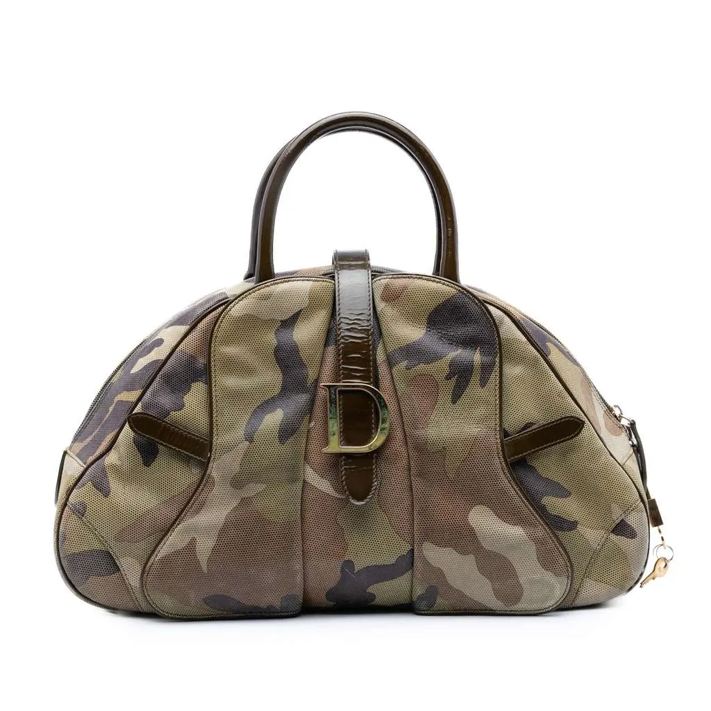Dior Camouflage Coated Canvas Double Saddle Bowler Bag Green Canvas Good - Front View
