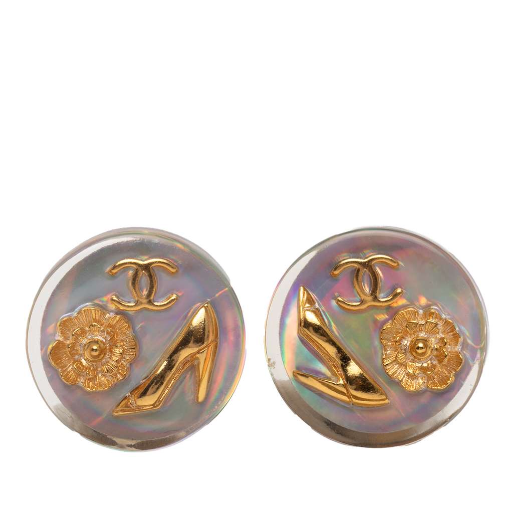 Chanel Gold Plated Resin CC Camellia Button Clip On Earrings