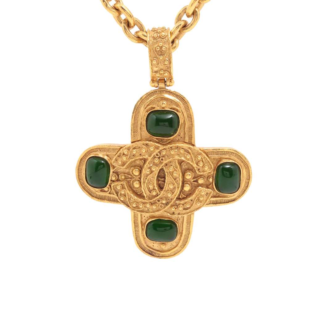 Chanel CC Gold Plated Gripoix Cross Pendant Necklace