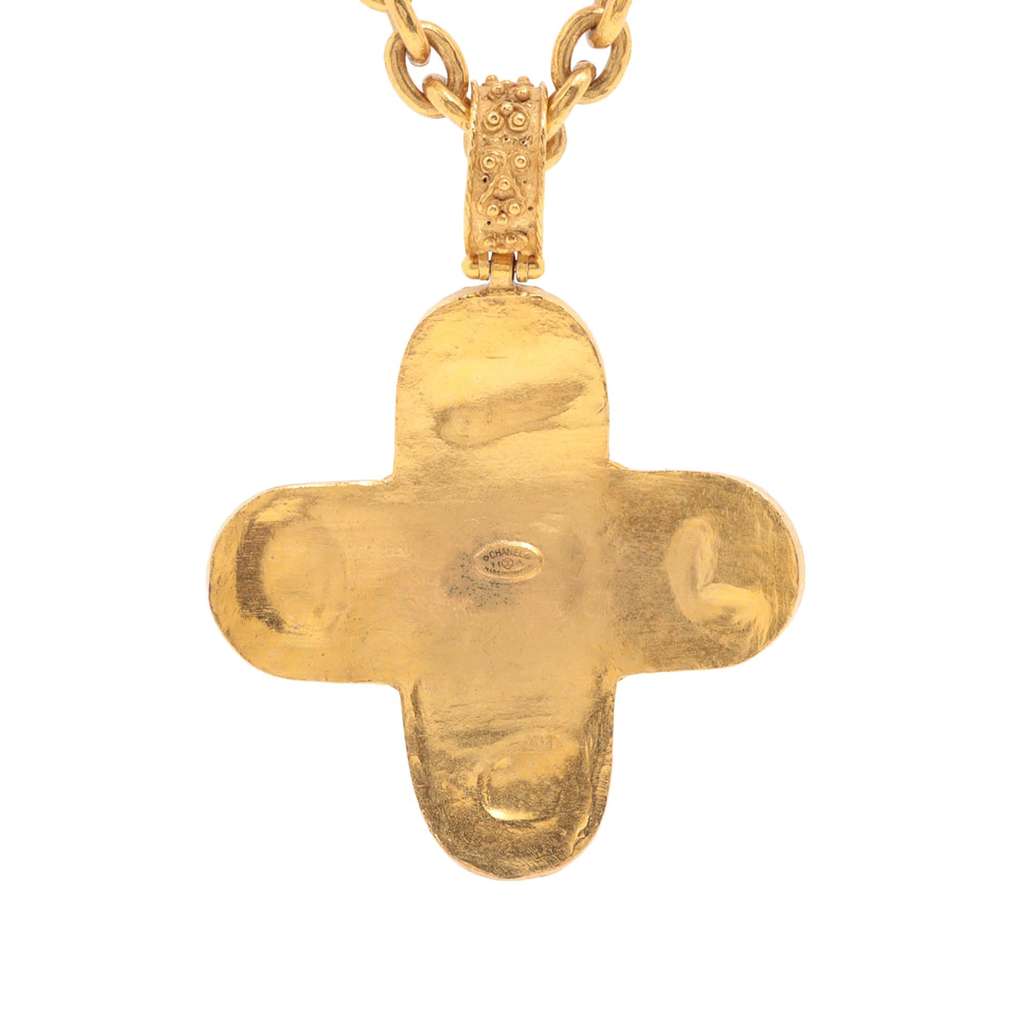 Chanel CC Gold Plated Gripoix Cross Pendant Necklace - Back view