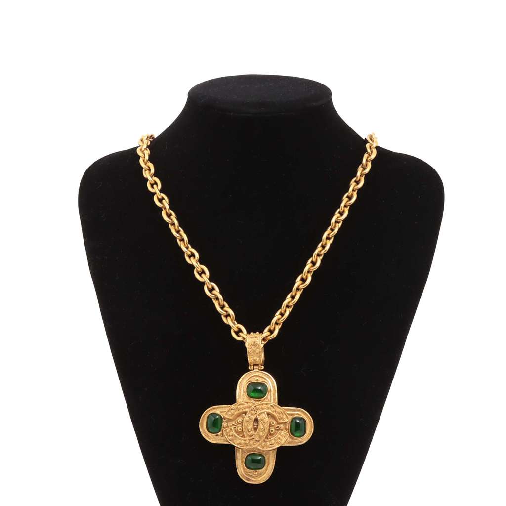 Chanel CC Gold Plated Gripoix Cross Pendant Necklace - Side view