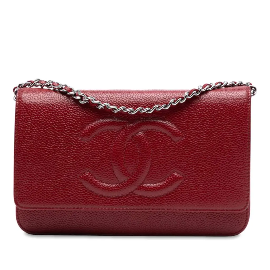 Chanel CC Caviar Wallet On Chain Red Leather Very good - Front View