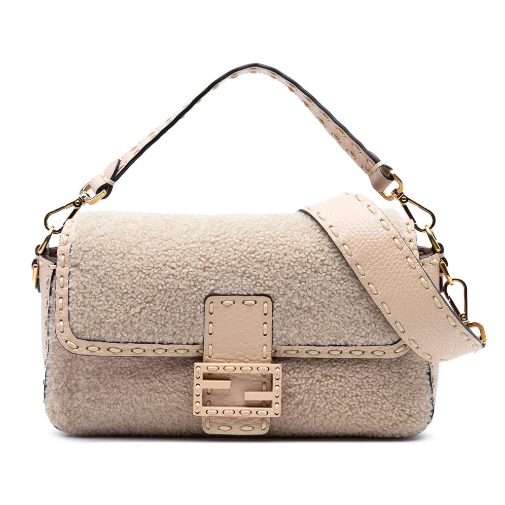 Fendi Medium Shearling Selleria Baguette Satchel