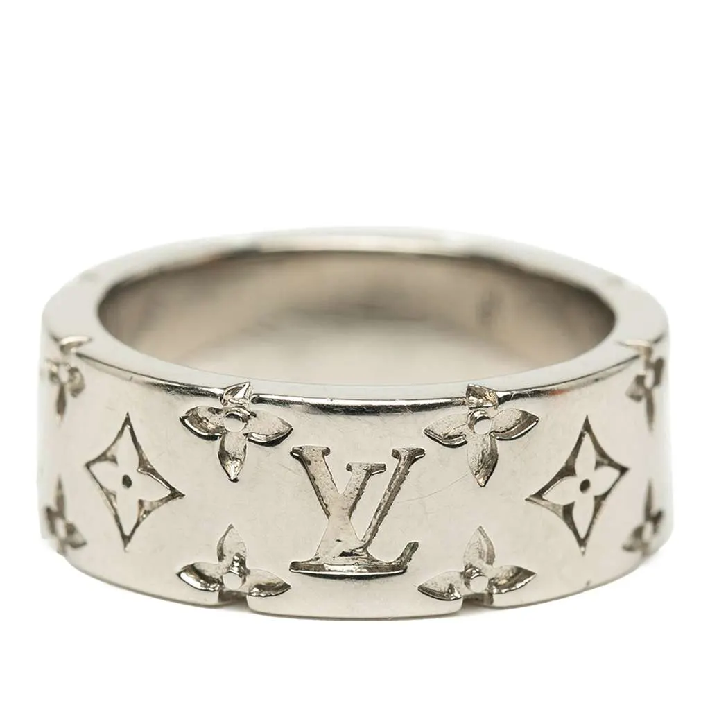 Louis Vuitton Silver Plated Monogram Mosaic Ring L Silver Metal Good - Front View