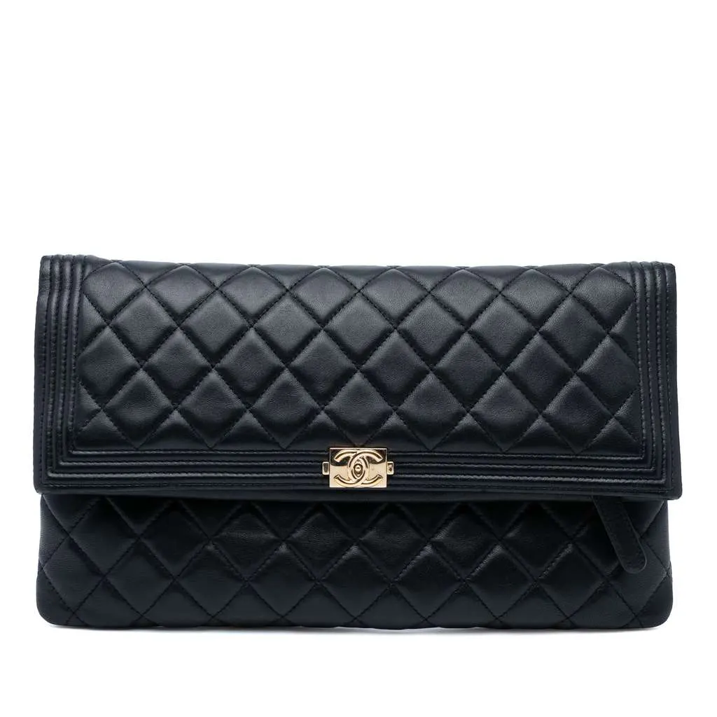 Chanel Quilted Lambskin Boy Foldover Clutch Black Leather Good - Front View