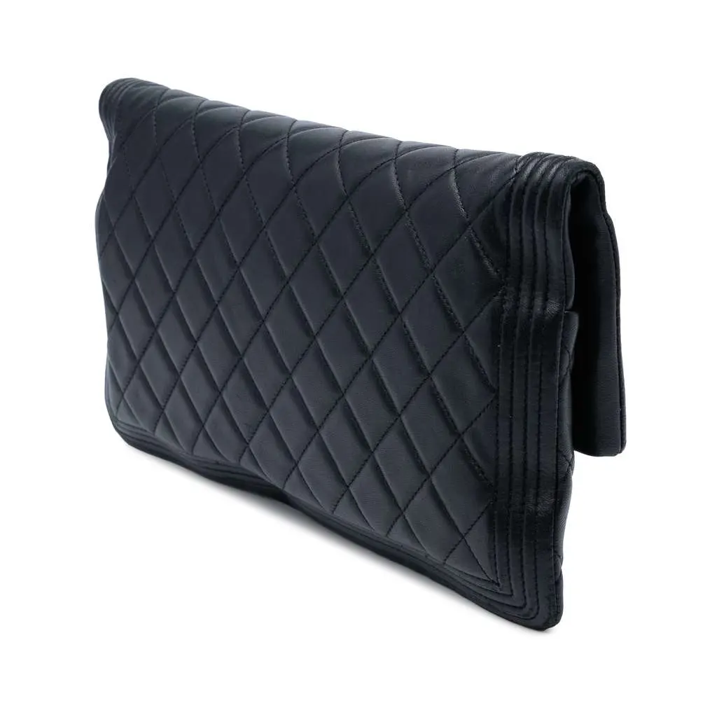 Chanel Quilted Lambskin Boy Foldover Clutch Black Leather Good - Back View