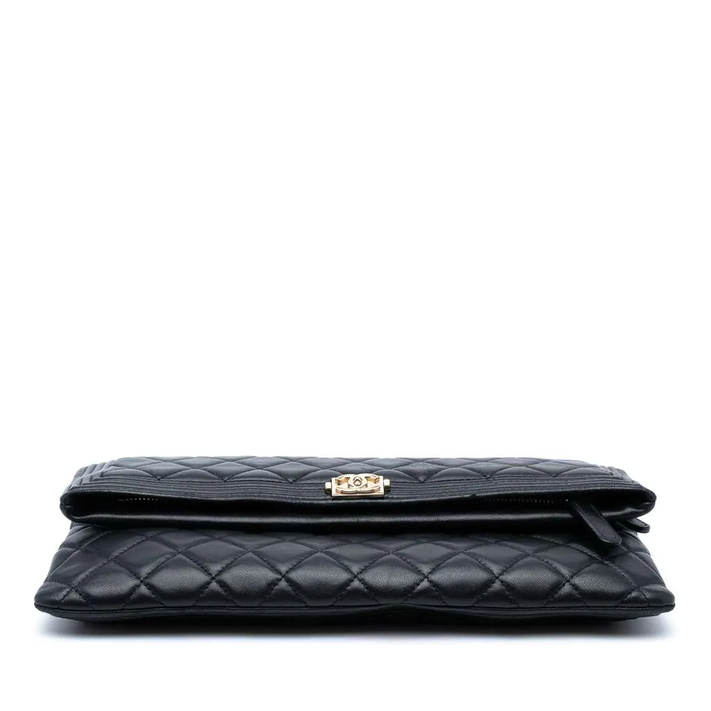 Chanel Quilted Lambskin Boy Foldover Clutch Black Leather Good - Inside View