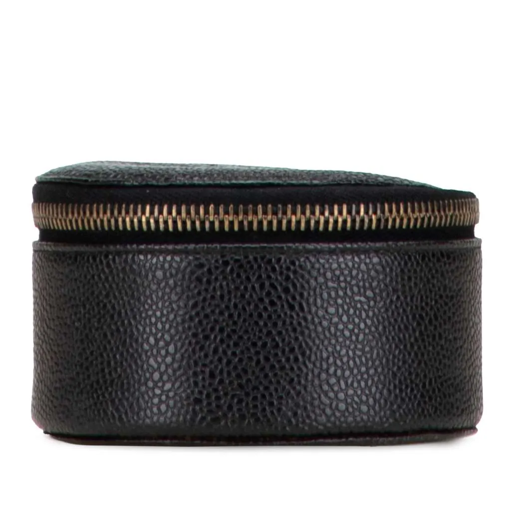Chanel Caviar Round Travel Jewelry Case Black Leather Good - Front View