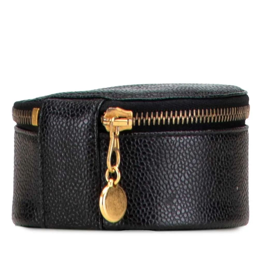 Chanel Caviar Round Travel Jewelry Case Black Leather Good - Back View