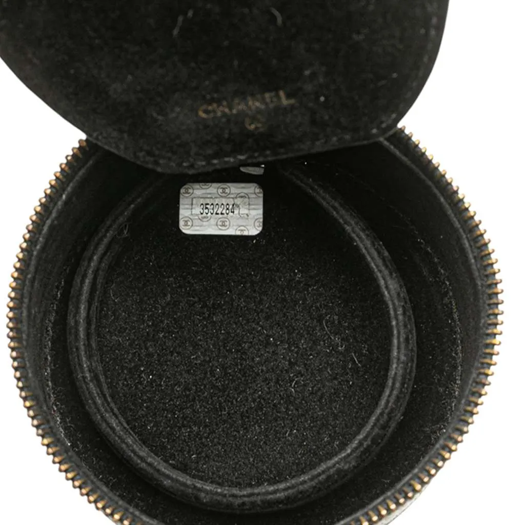 Chanel Caviar Round Travel Jewelry Case Black Leather Good - Model View