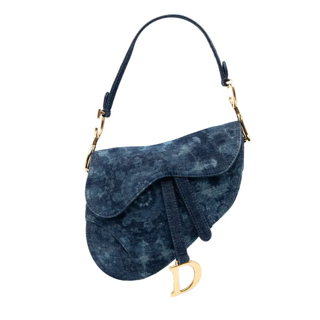 Dior Denim Tie Dye Saddle Bag Blue Denim Good - Front View