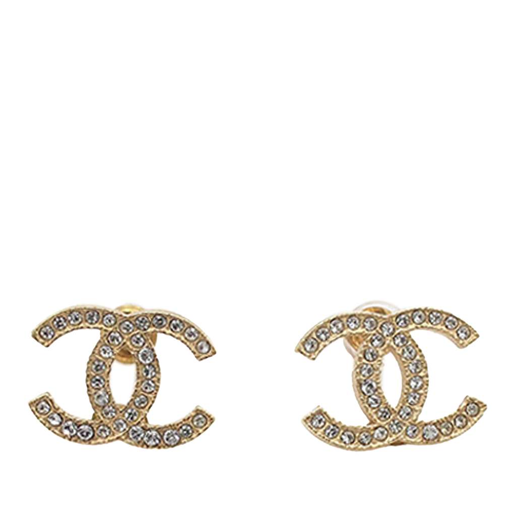 Chanel Gold Plated CC Rhinestones Push Back Earrings