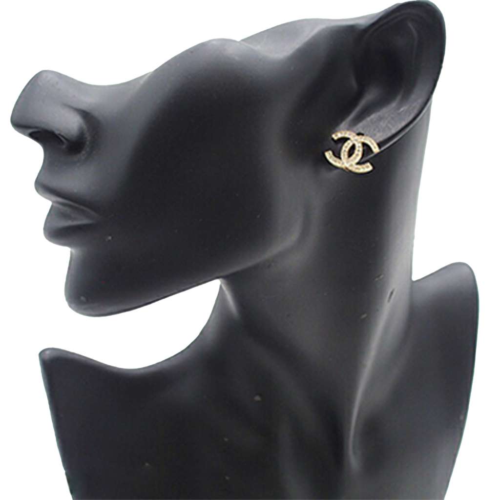 Chanel Gold Plated CC Rhinestones Push Back Earrings - 5