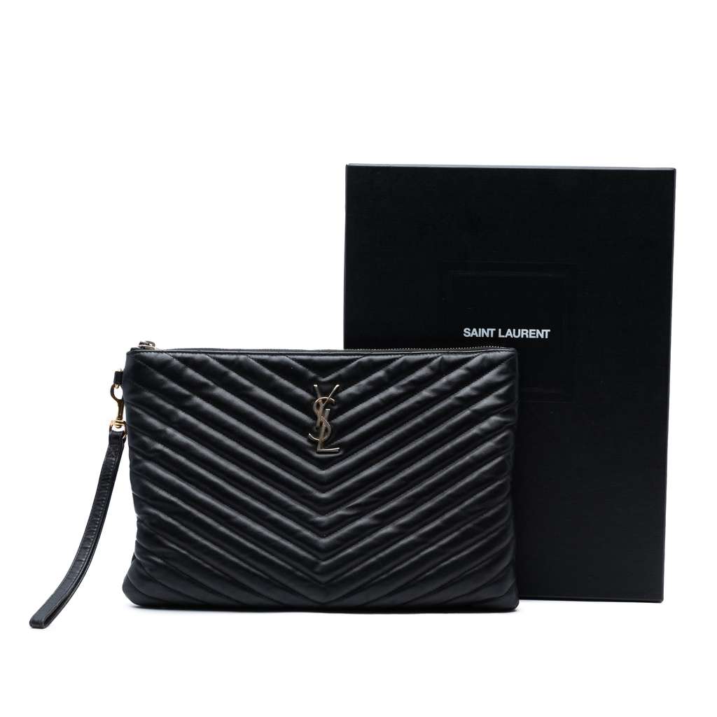 Saint Laurent Chevron Calfskin Monogram Zip A4 Pouch - Image 10