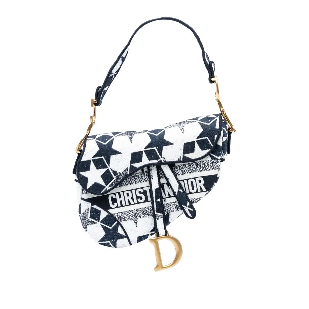 Dior Embroidered Canvas Stars Saddle Bag White Canvas Very good - Front View