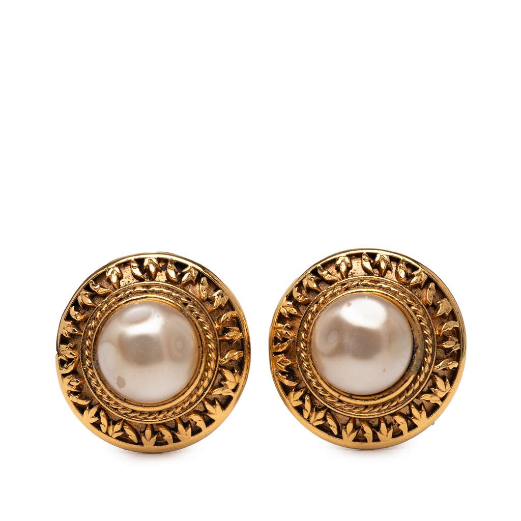 Chanel Gold Plated Faux Pearl Clip On Earrings
