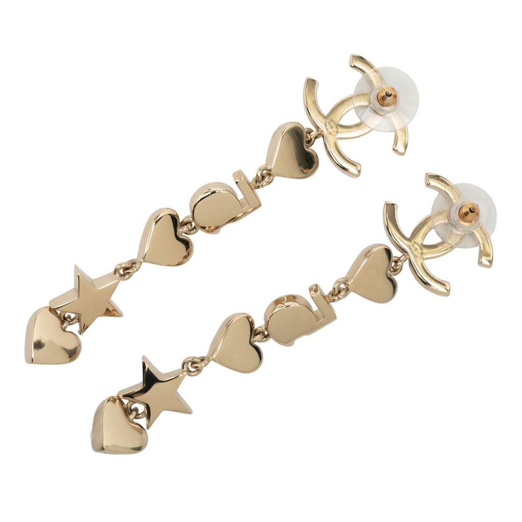 Chanel Gold Plated CC Crystal Faux Pearl Charming Winter Star Heart Drop Push Back Earrings - 2