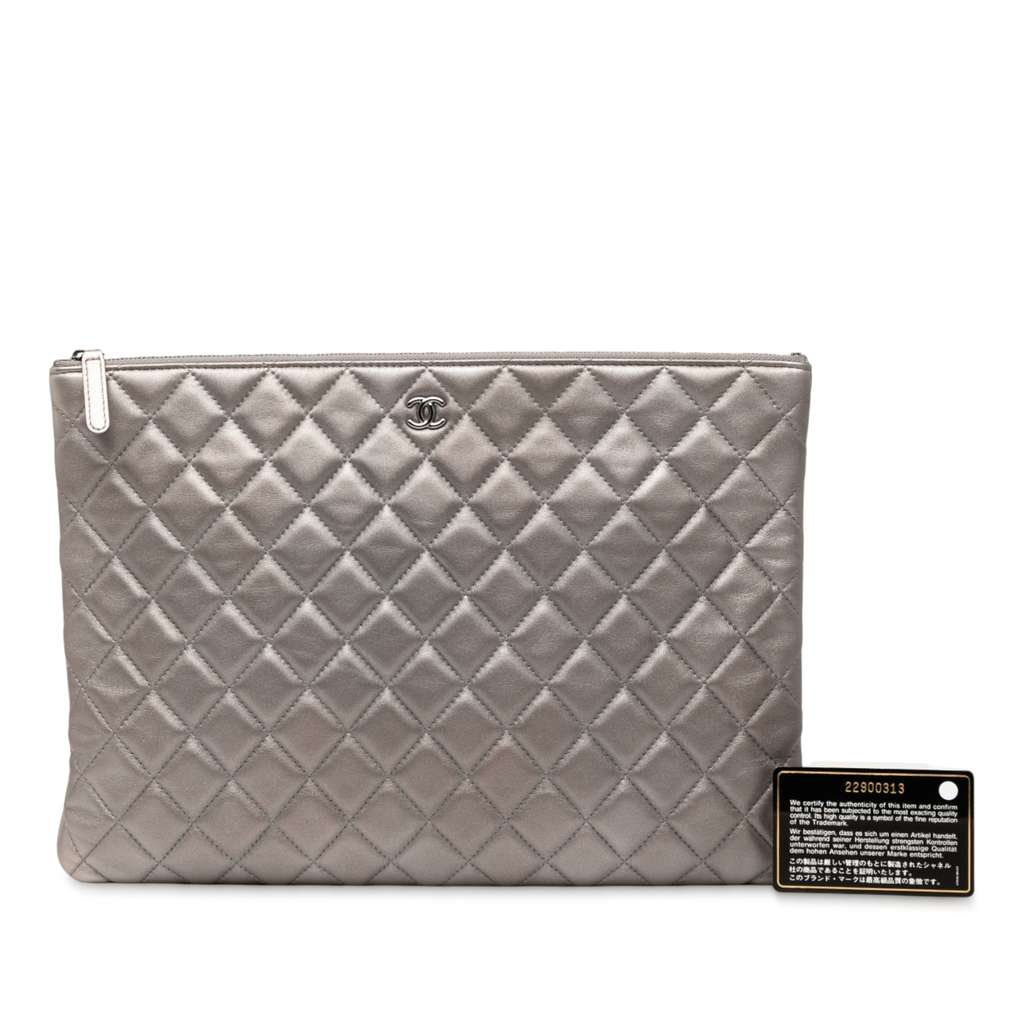 Chanel Large Quilted Metallic Lambskin O Case Clutch - Image 10