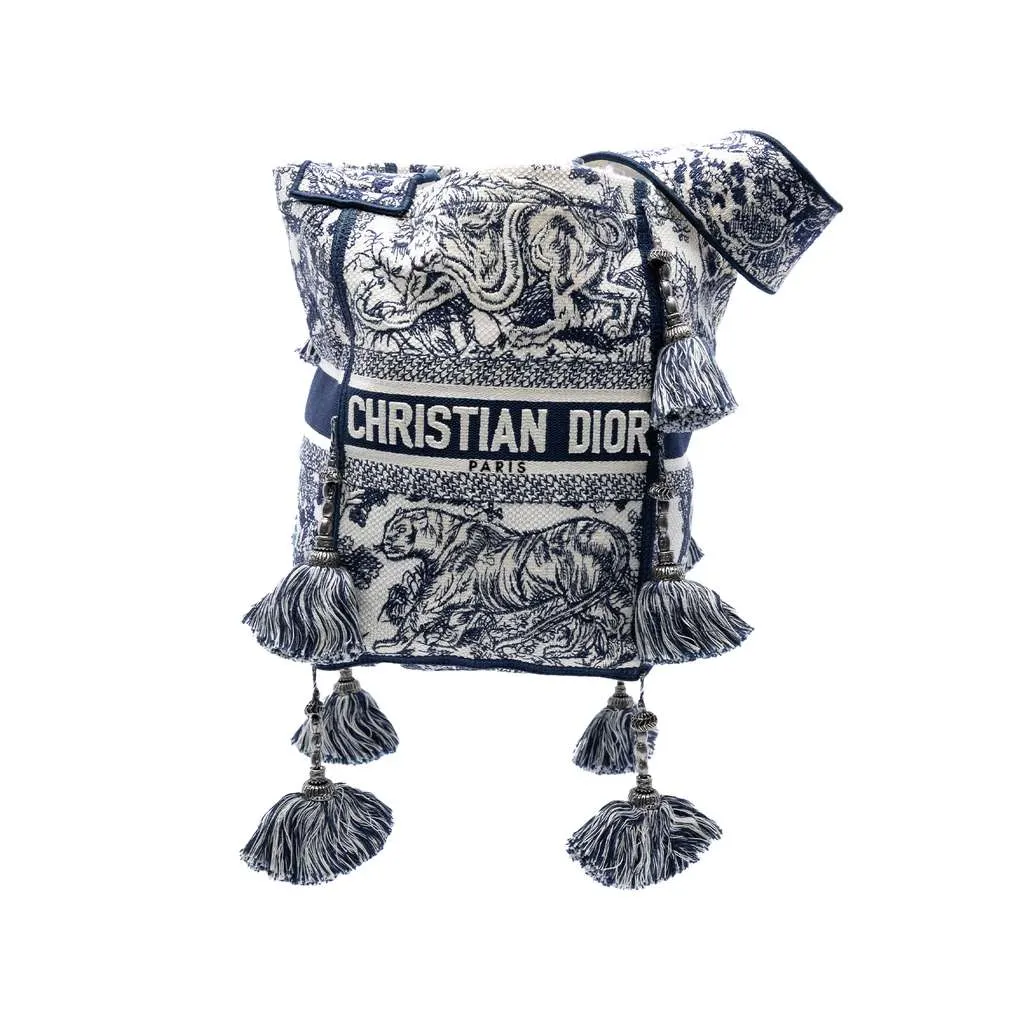 Dior Canvas Embroidered Toile De Jouy D Bubble Bucket Bag Blue Canvas Very good - Front View