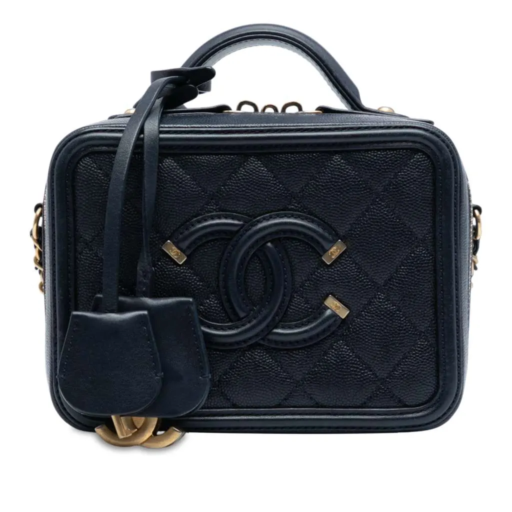 Chanel Small Caviar CC Filigree Vanity Case Blue Leather Good - Front View