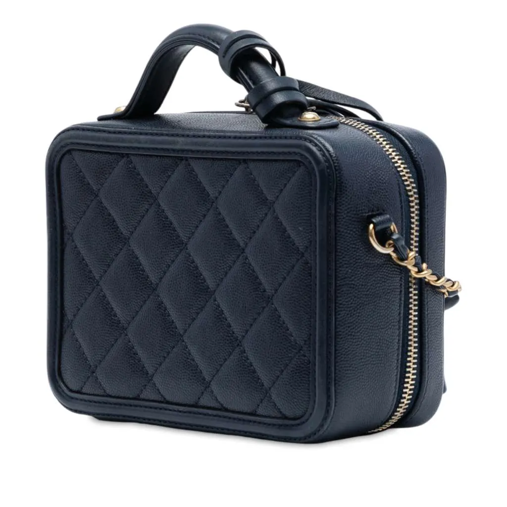 Chanel Small Caviar CC Filigree Vanity Case Blue Leather Good - Back View