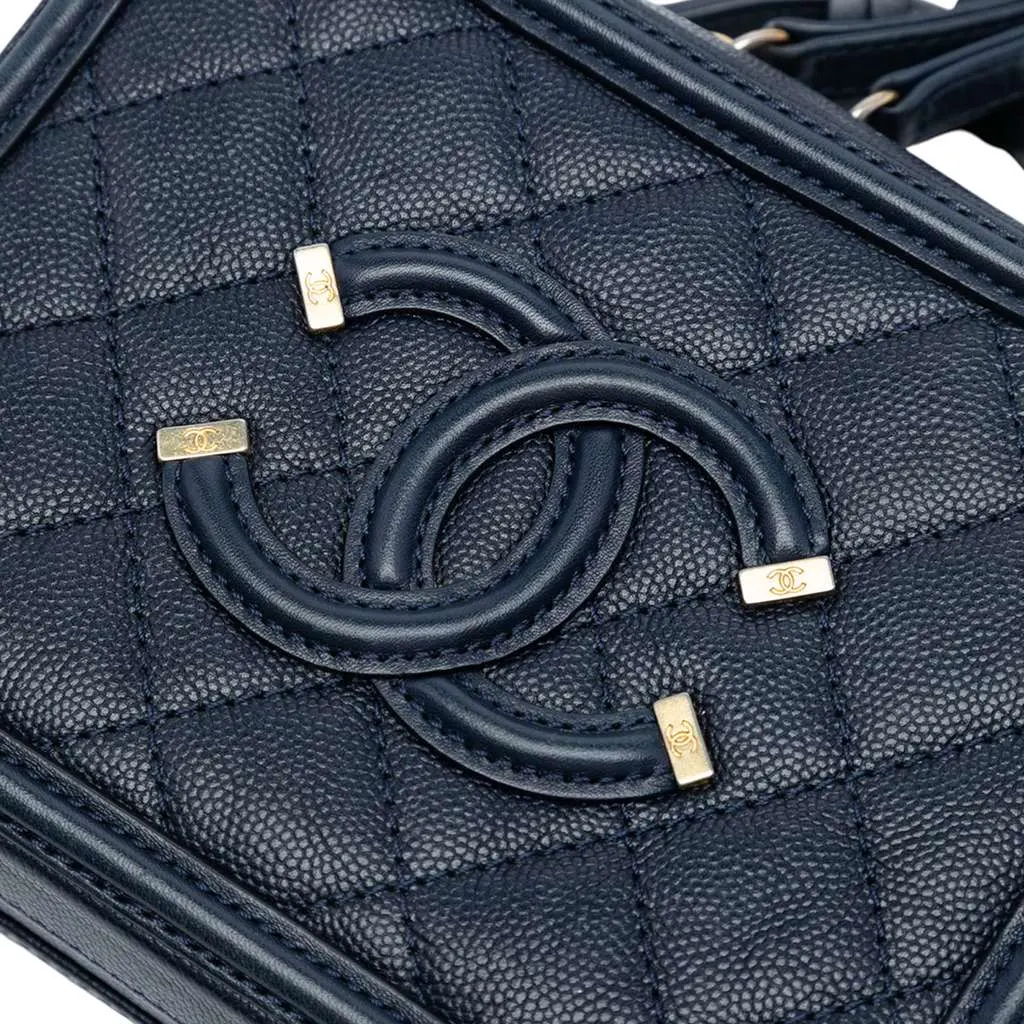 Chanel Small Caviar CC Filigree Vanity Case Blue Leather Good - Box View