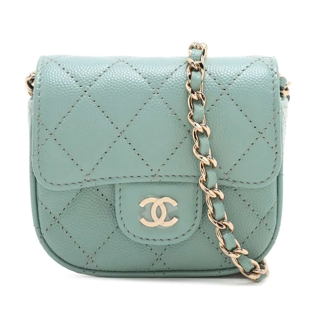 Chanel Mini Classic Caviar Clutch With Chain Blue Leather Good - Front View