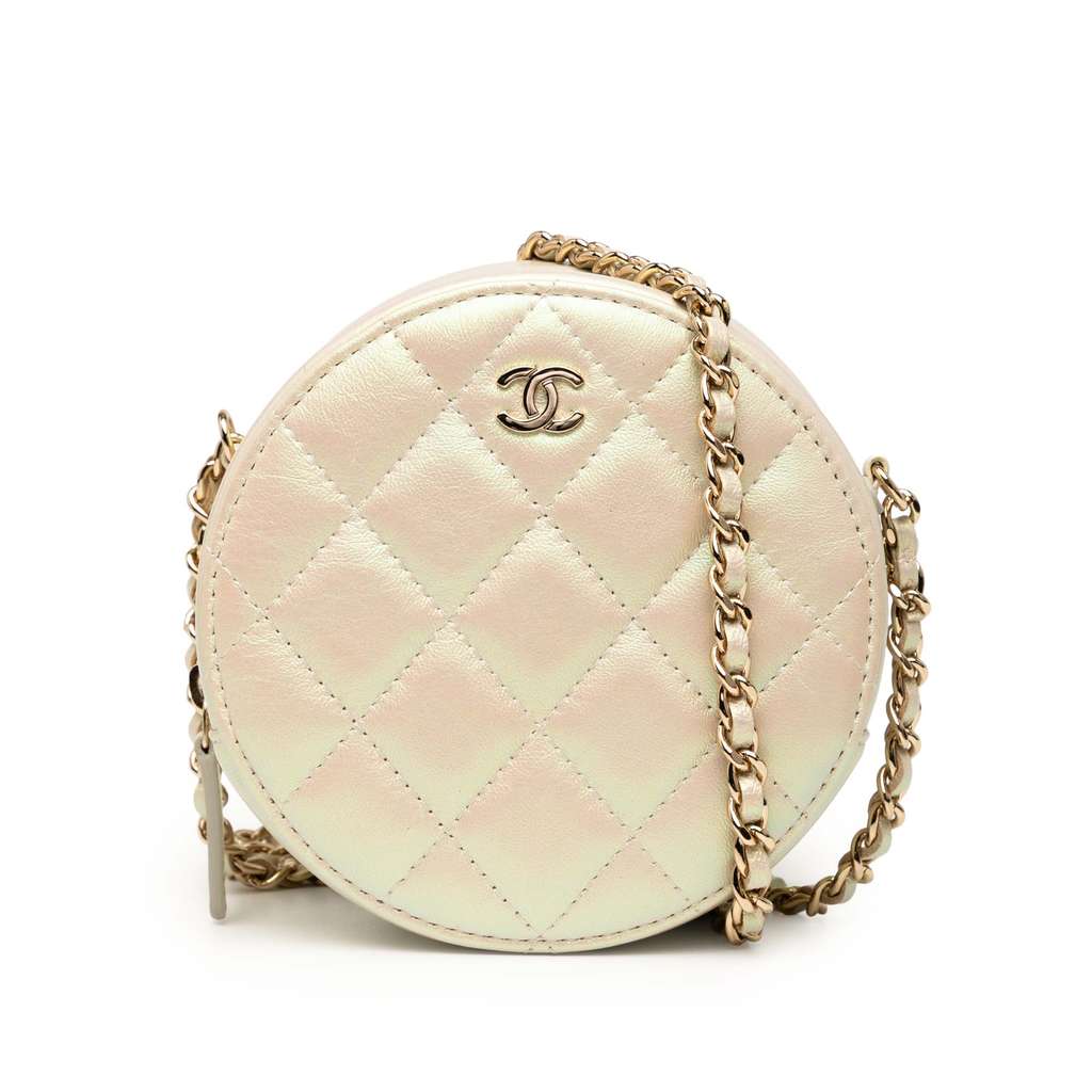Chanel Iridescent Quilted Lambskin Round Clutch With Chain
