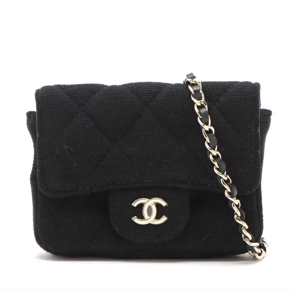 Chanel Mini Classic Jersey Flap Belt Bag Black Cotton Good - Front View